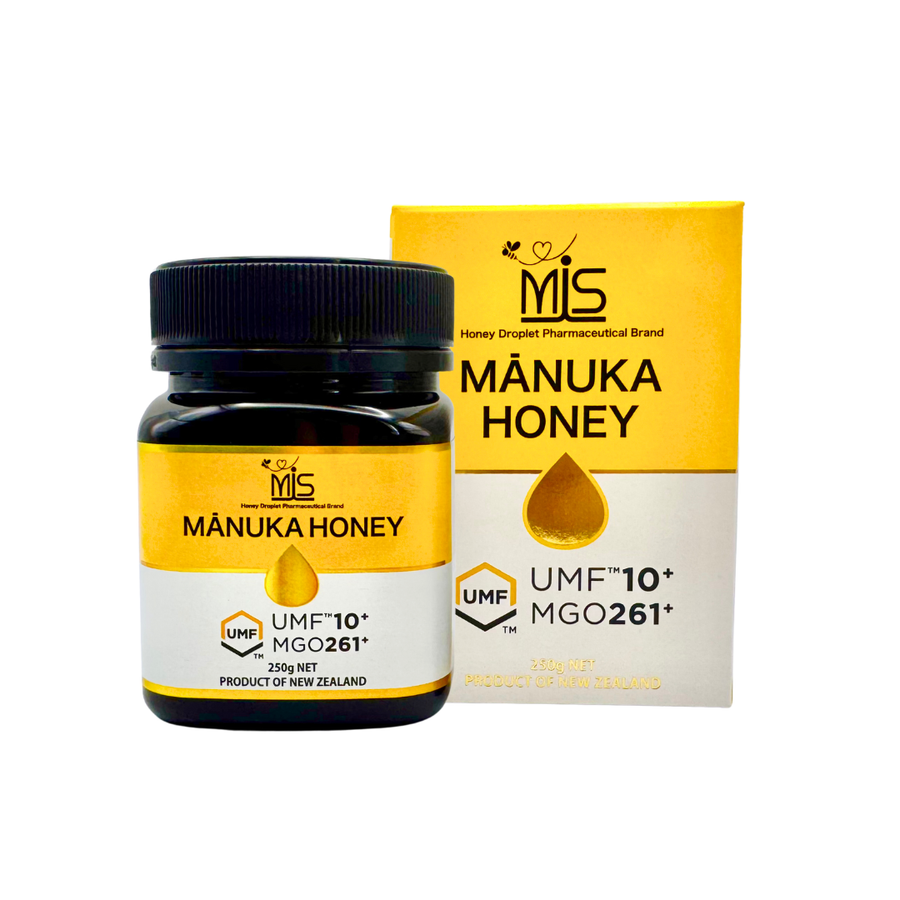 MISマヌカハニー UMF10+／MGO261+。薬剤師監修のニュージーランド産高品質マヌカハニー。MIS Manuka Honey UMF10+ MGO261+ from New Zealand, pharmacist-supervised premium quality honey.