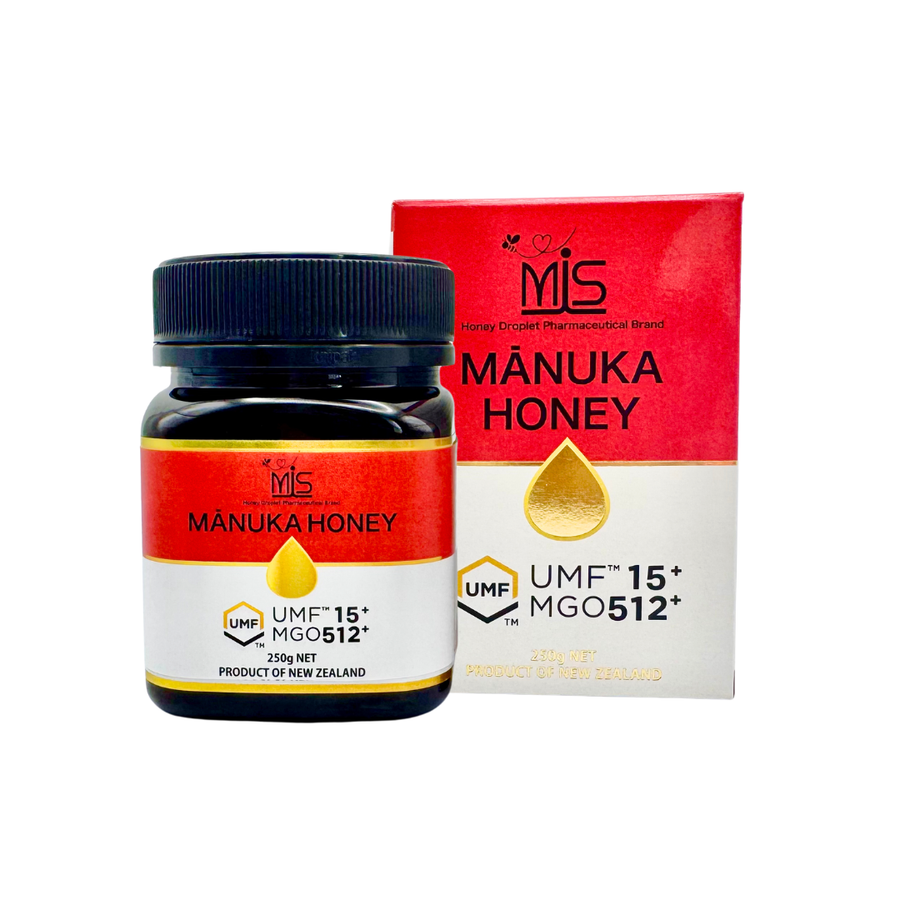 MISマヌカハニー UMF15+／MGO512+。高い抗菌力と豊かなコクが特徴のプレミアムマヌカハニー。
MIS Manuka Honey UMF15+ MGO512+, premium antibacterial honey from New Zealand.